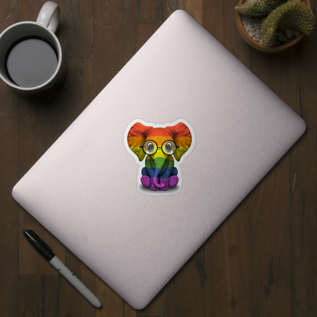 Baby Elephant with Glasses and Gay Pride Rainbow Flag by jeffbartels